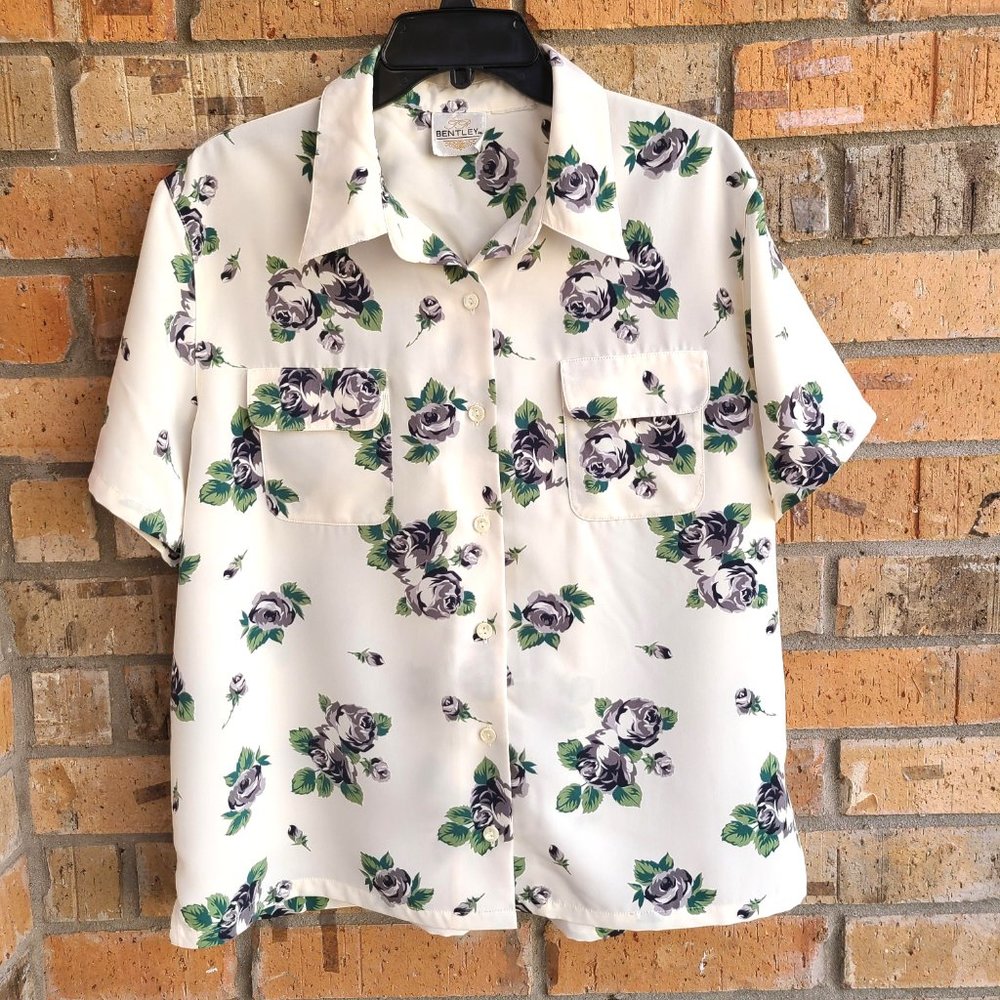 Bentley Women's Top Blouse Button Front Short Sleeves Crème Floral Size 2X